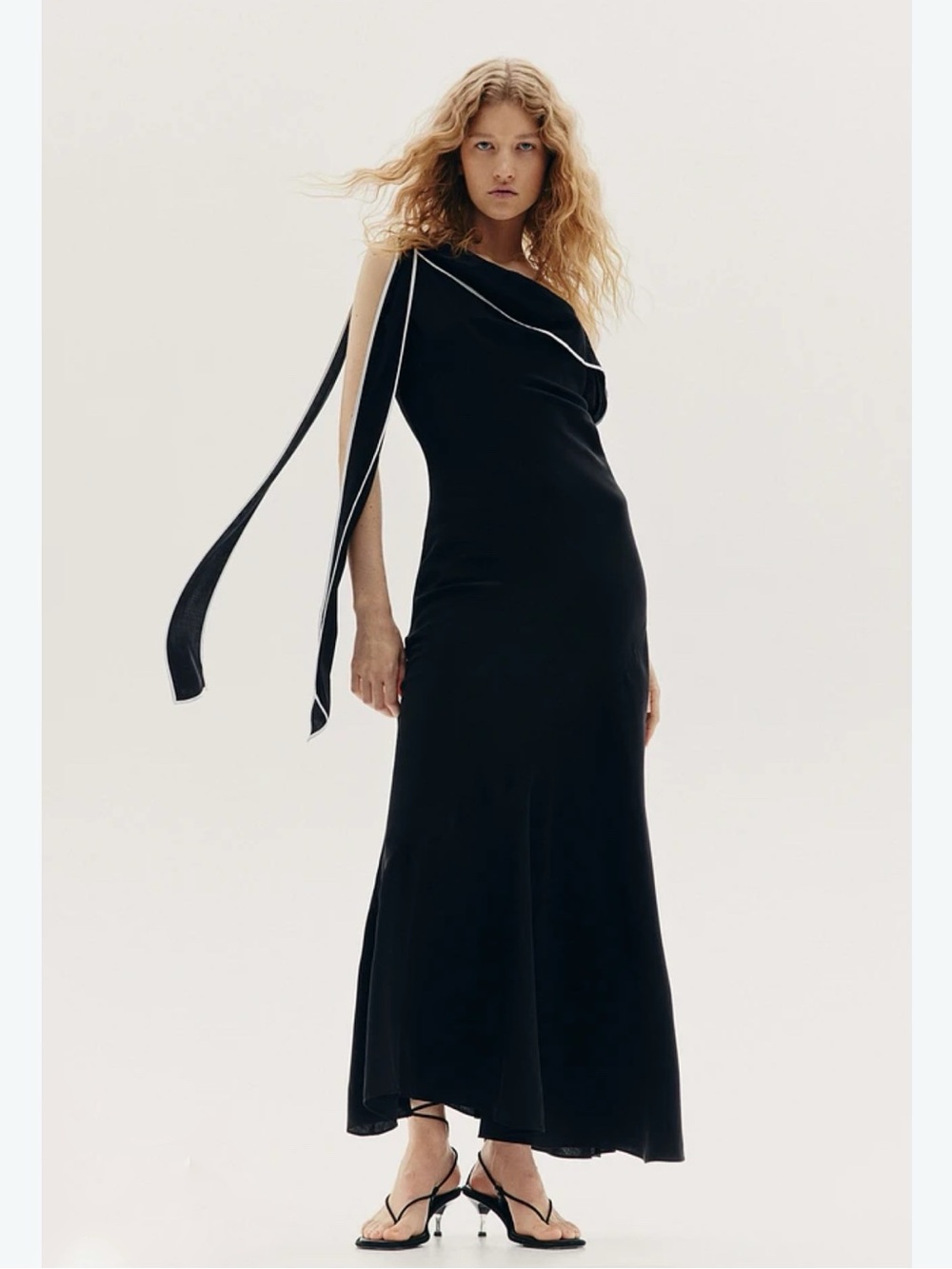 H&M One-Shoulder Black Evening Gown with Draped Ribbon Detail Size M